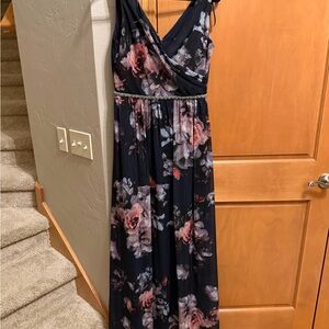 SLNY Navy and Pink Floral Maxi Dress